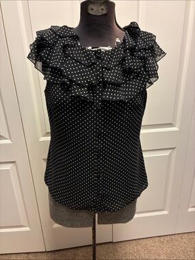 Ann Taylor Black and White Polka Dot Ruffle Sleeveless Blouse